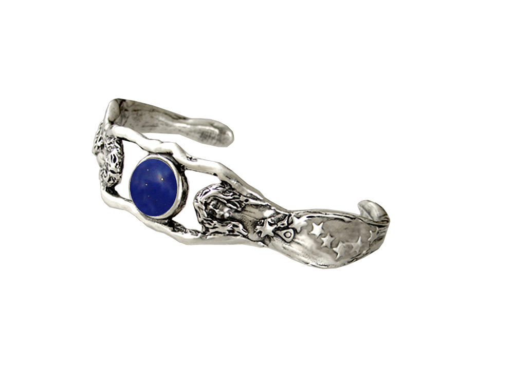 Sterling Silver Fairy Woman Maidens Handmade Cuff Bracelet With Lapis Lazuli